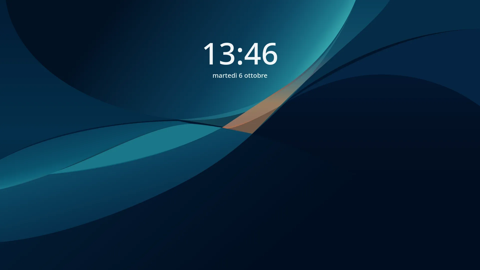 The Vela lock screen: the time and date over the default wallpaper.