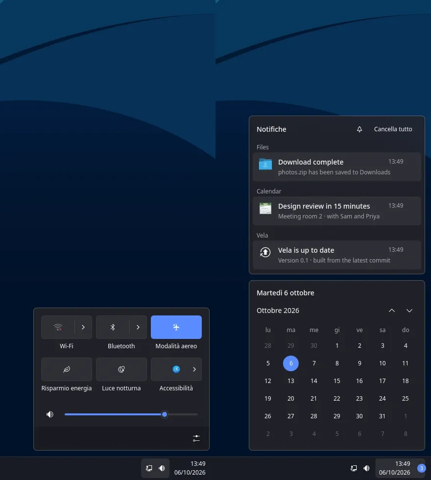 Quick settings with Wi-Fi, Bluetooth, airplane mode and volume, next to the notification center with three notifications and a calendar.