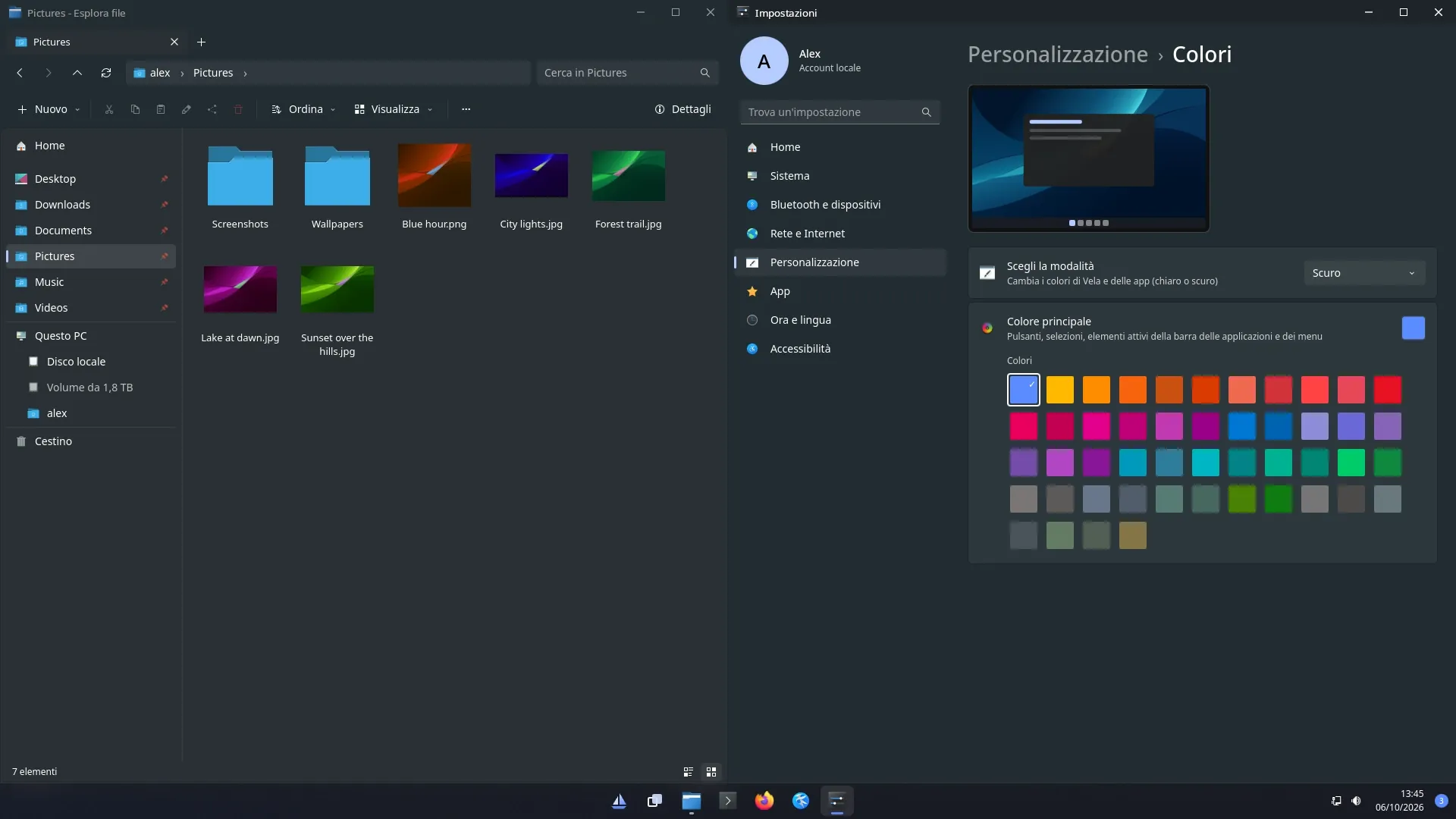 Files and Settings snapped side by side, each taking half of the screen.
